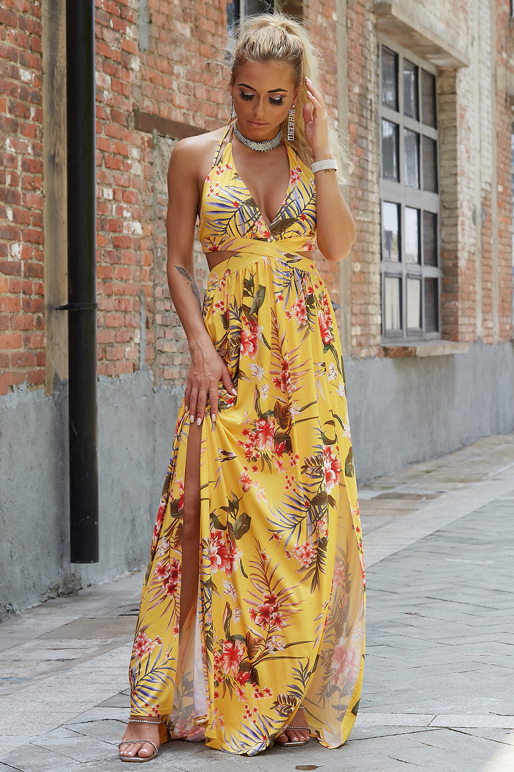 Halter Neck Yellow Floral Split Maxi Dress Trendsi
