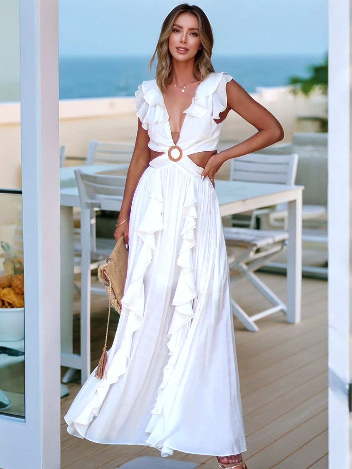Cutout Ruffled Cap Sleeve Maxi Dress Trendsi