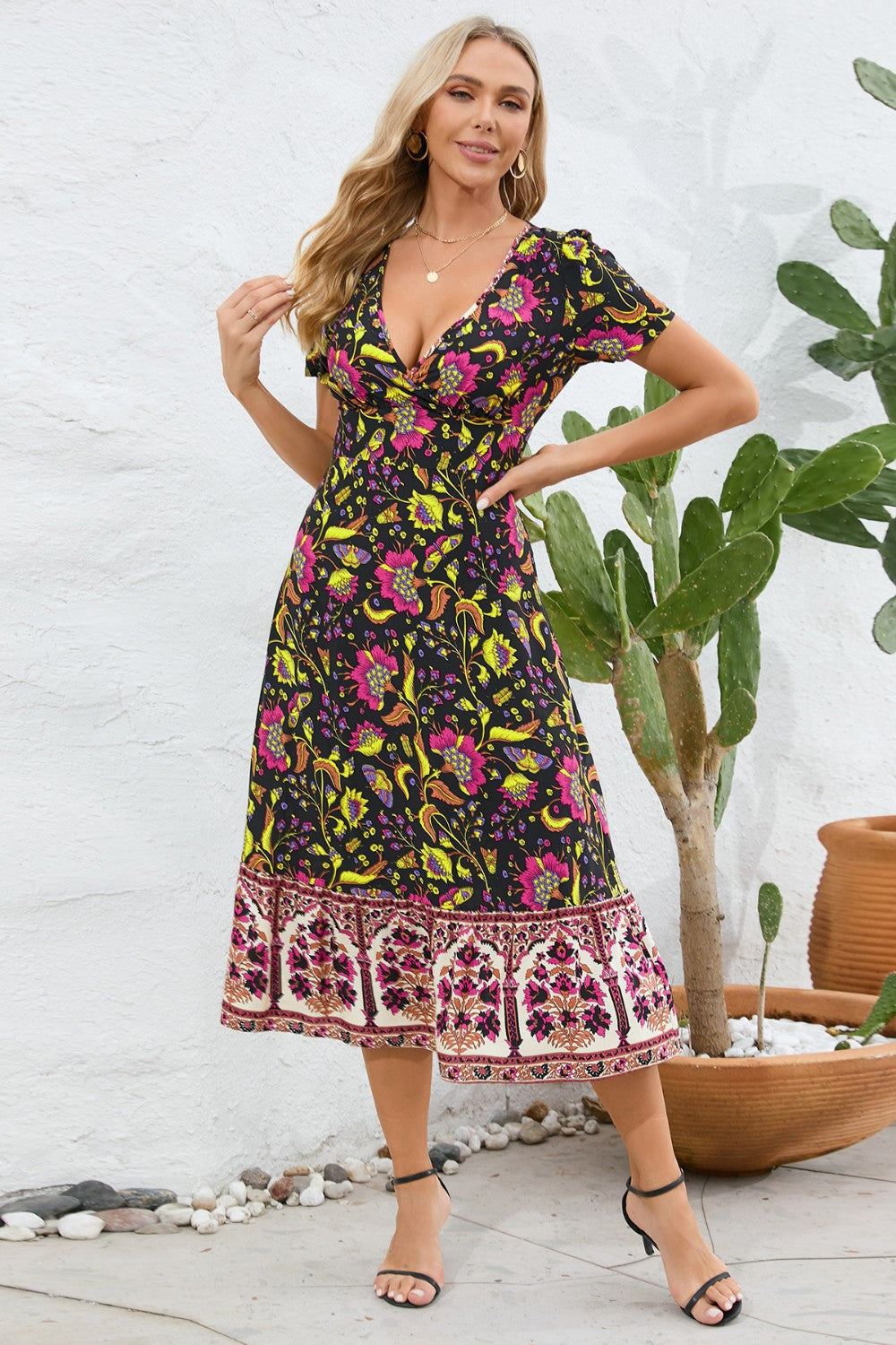 Boho Chic Floral Printed Surplice Short Sleeve Midi Dress Trendsi