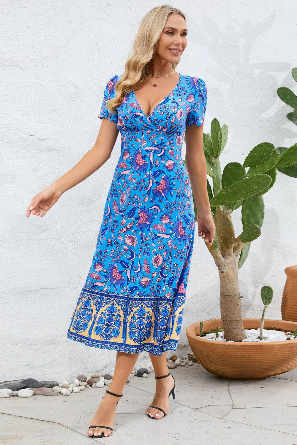 Boho Chic Floral Printed Surplice Short Sleeve Midi Dress Trendsi