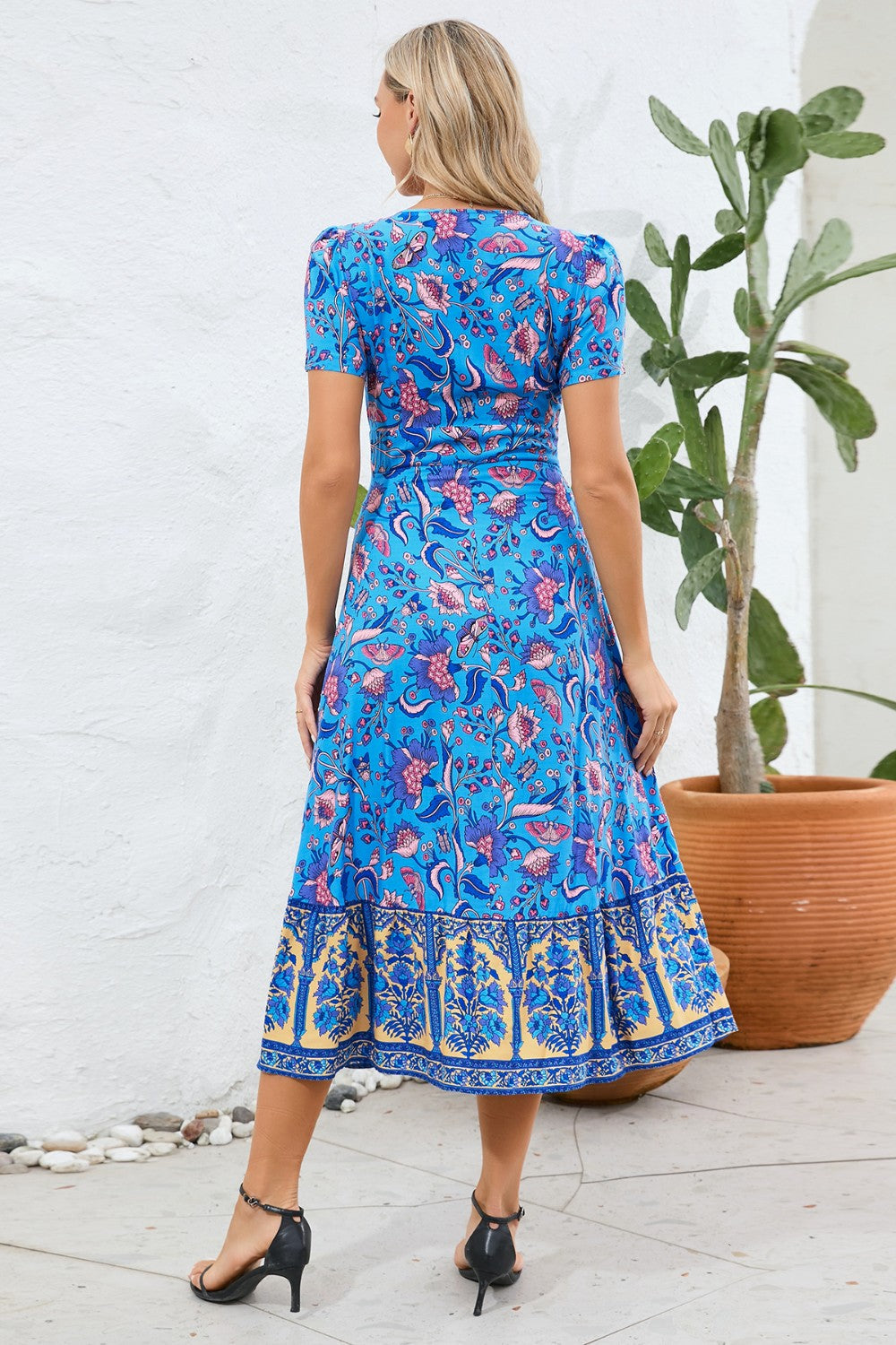 Boho Chic Floral Printed Surplice Short Sleeve Midi Dress Trendsi