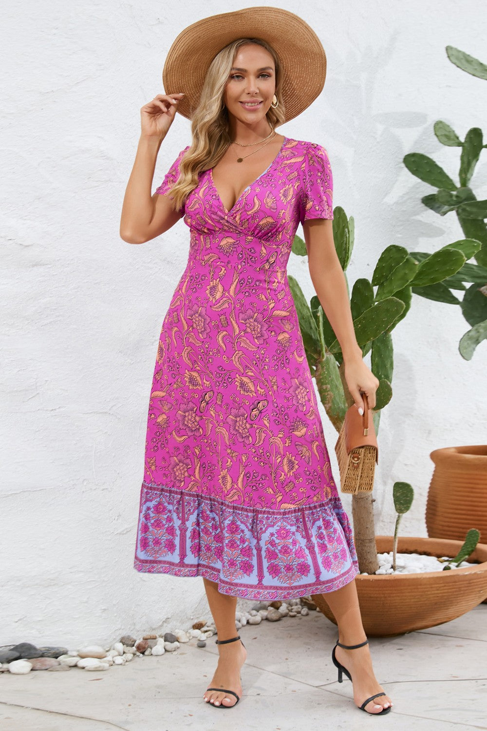 Boho Chic Floral Printed Surplice Short Sleeve Midi Dress Trendsi