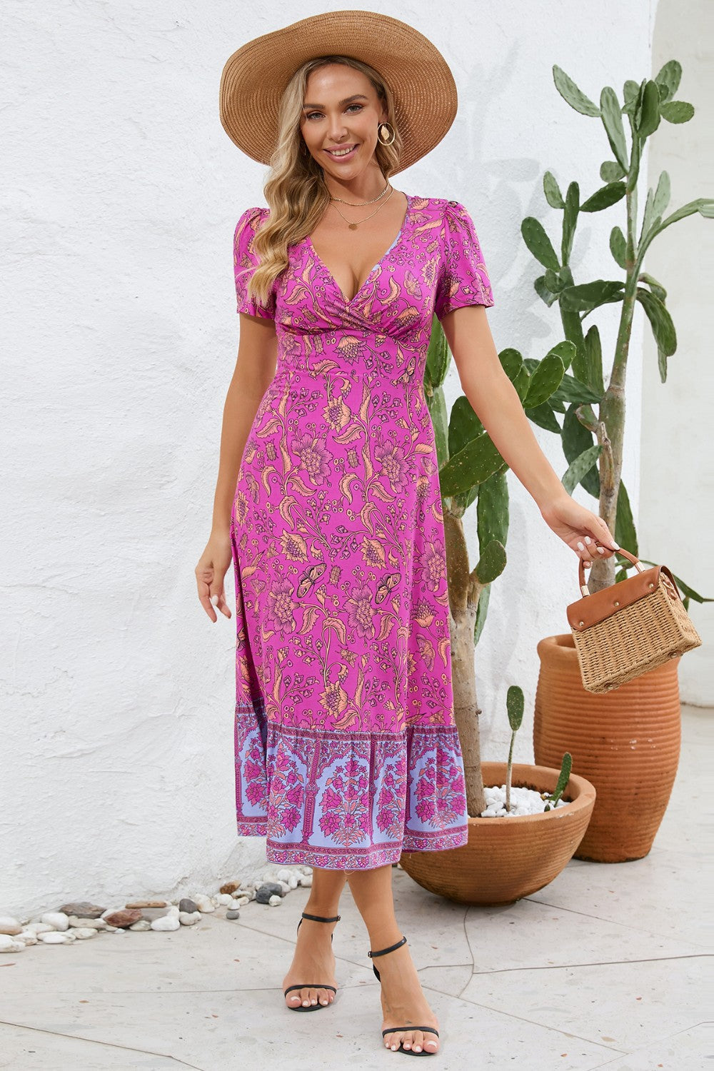 Boho Chic Floral Printed Surplice Short Sleeve Midi Dress Trendsi