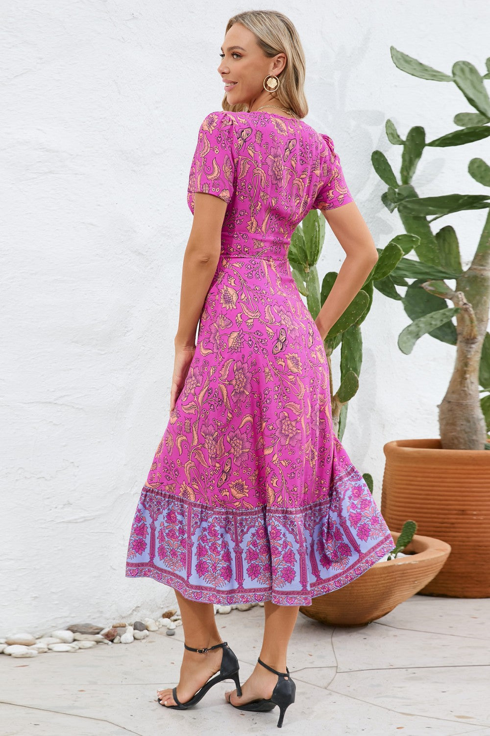 Boho Chic Floral Printed Surplice Short Sleeve Midi Dress Trendsi
