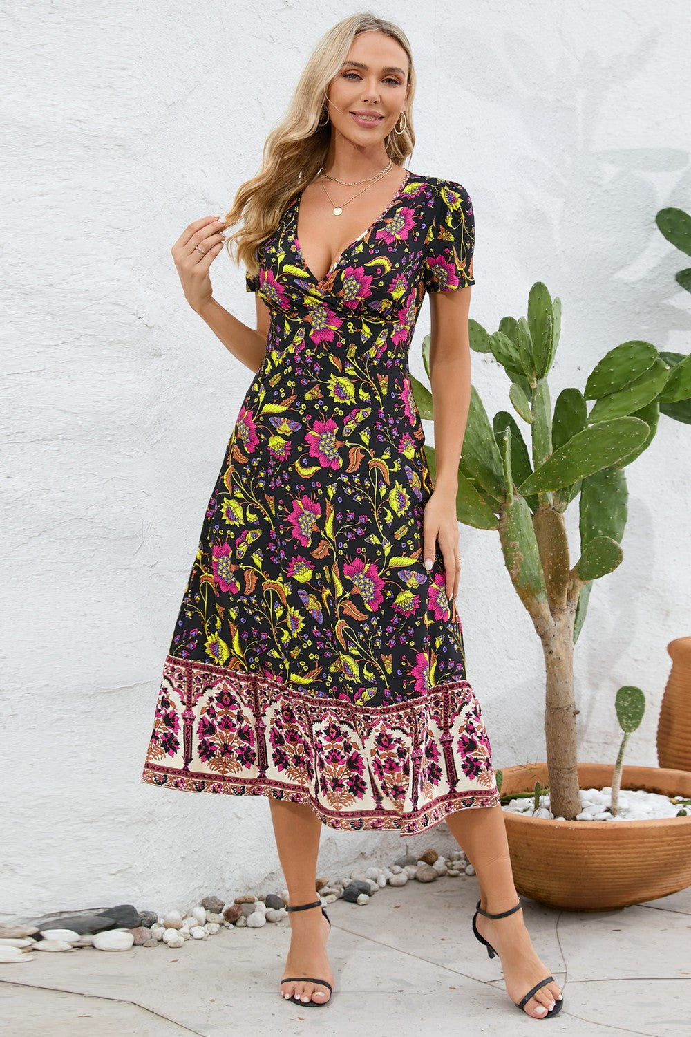 Boho Chic Floral Printed Surplice Short Sleeve Midi Dress Trendsi