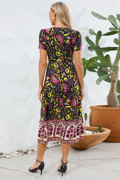 Boho Chic Floral Printed Surplice Short Sleeve Midi Dress Trendsi