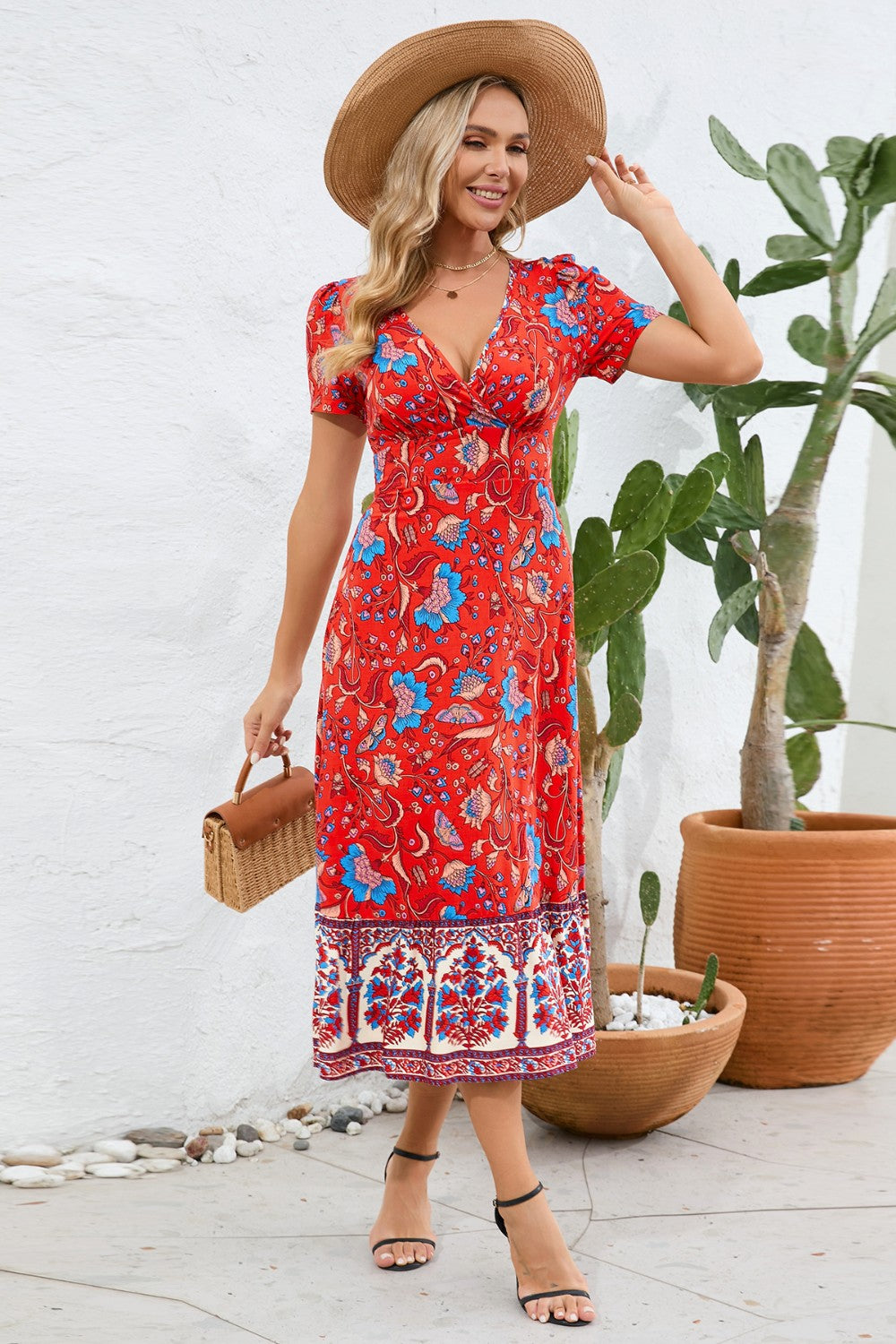 Boho Chic Floral Printed Surplice Short Sleeve Midi Dress Trendsi