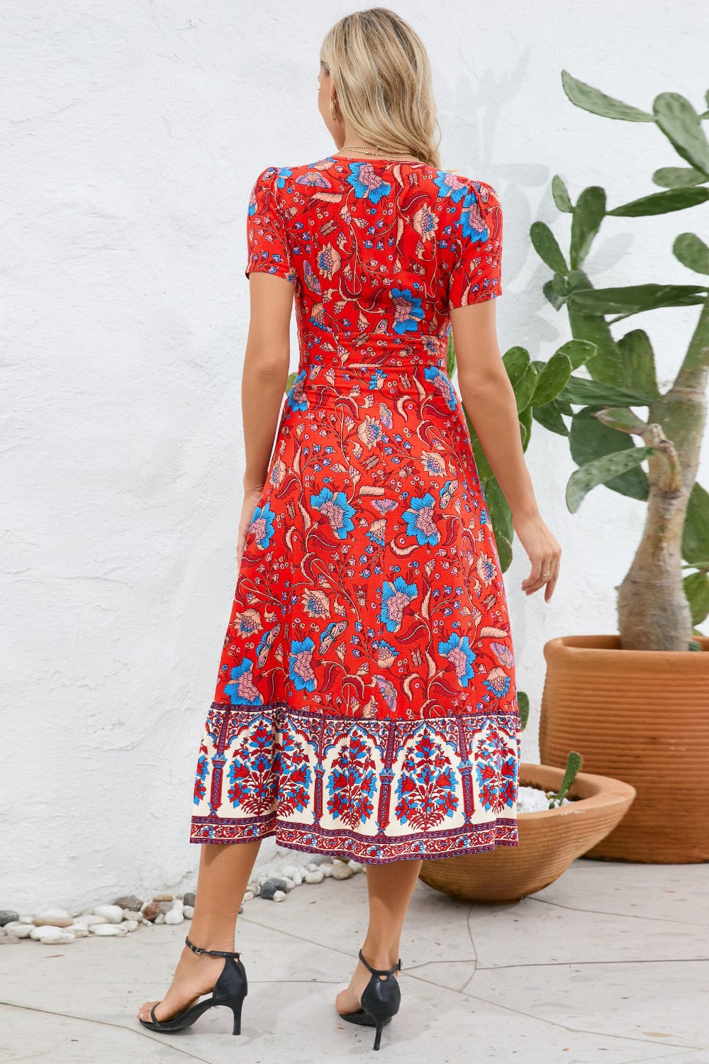 Boho Chic Floral Printed Surplice Short Sleeve Midi Dress Trendsi