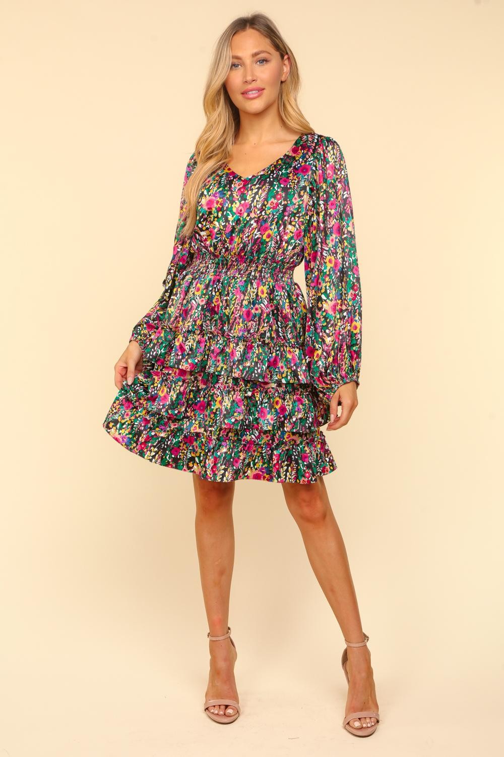 Haptics V-Neck Satin Floral Layered Tiered Dress Trendsi