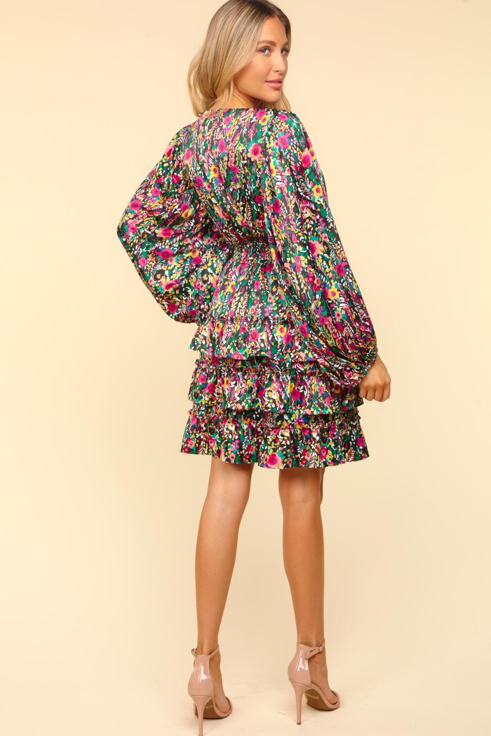 Haptics V-Neck Satin Floral Layered Tiered Dress Trendsi