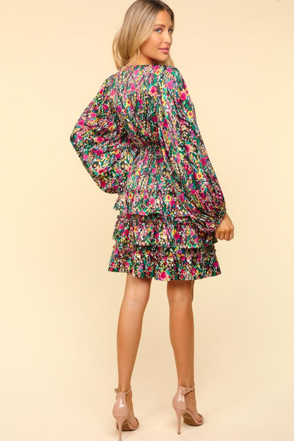 Haptics V-Neck Satin Floral Layered Tiered Dress Trendsi