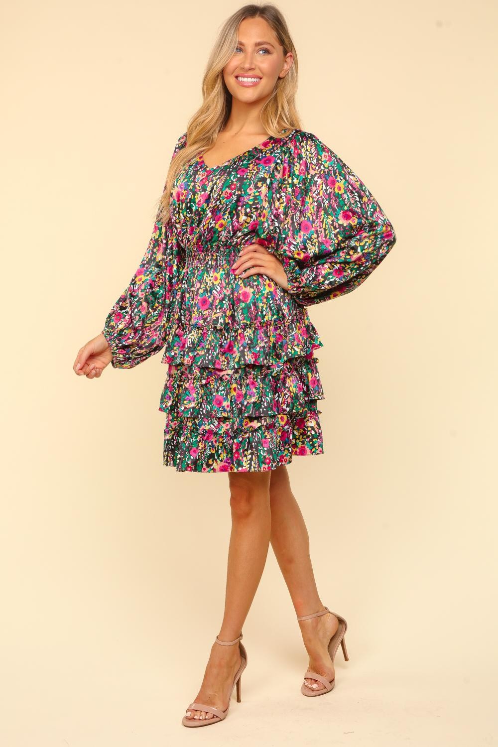 Haptics V-Neck Satin Floral Layered Tiered Dress Trendsi