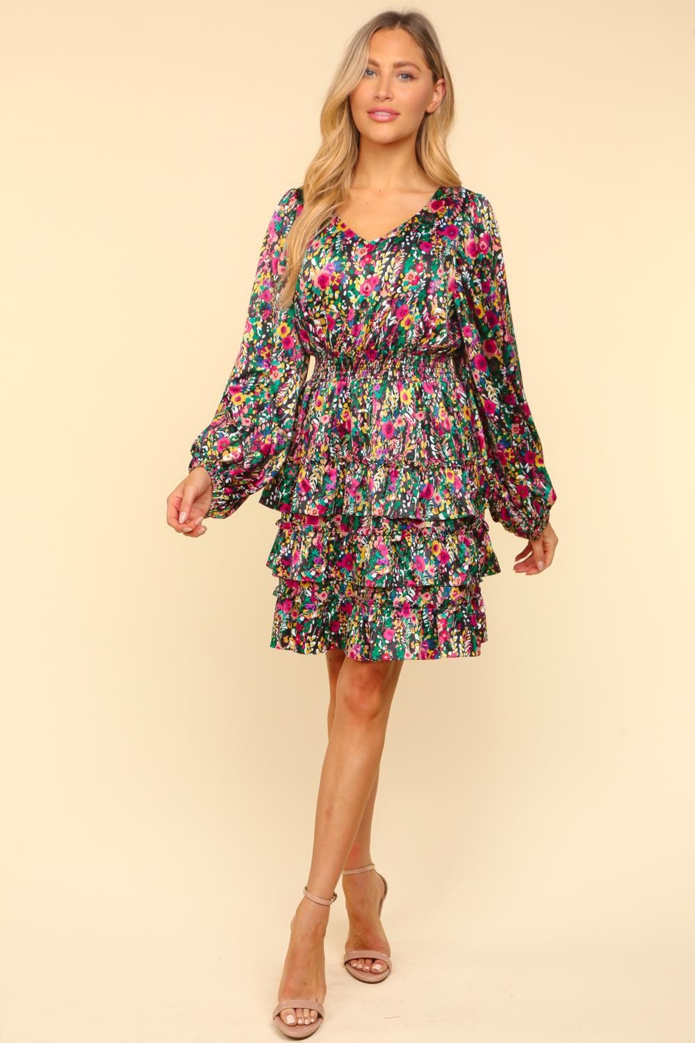 Haptics V-Neck Satin Floral Layered Tiered Dress Trendsi