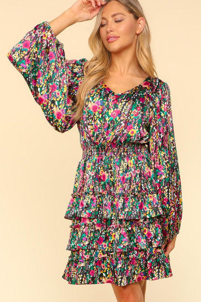 Haptics V-Neck Satin Floral Layered Tiered Dress Trendsi