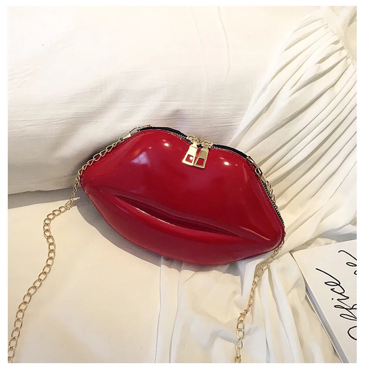 Lips Shaped Gold Chain Zipper Shoulder Clutch Crossbody Bag