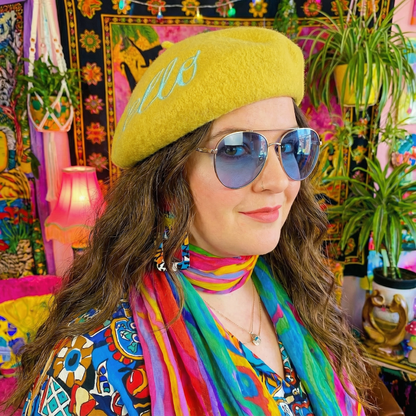 Hello Embroidered Beret in Yellow  DAME BOHEME