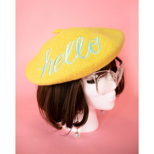 Hello Embroidered Beret in Yellow  DAME BOHEME