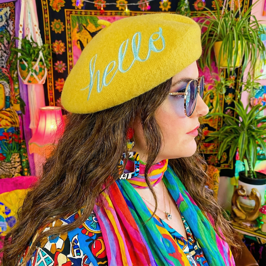 Hello Embroidered Beret in Yellow  DAME BOHEME