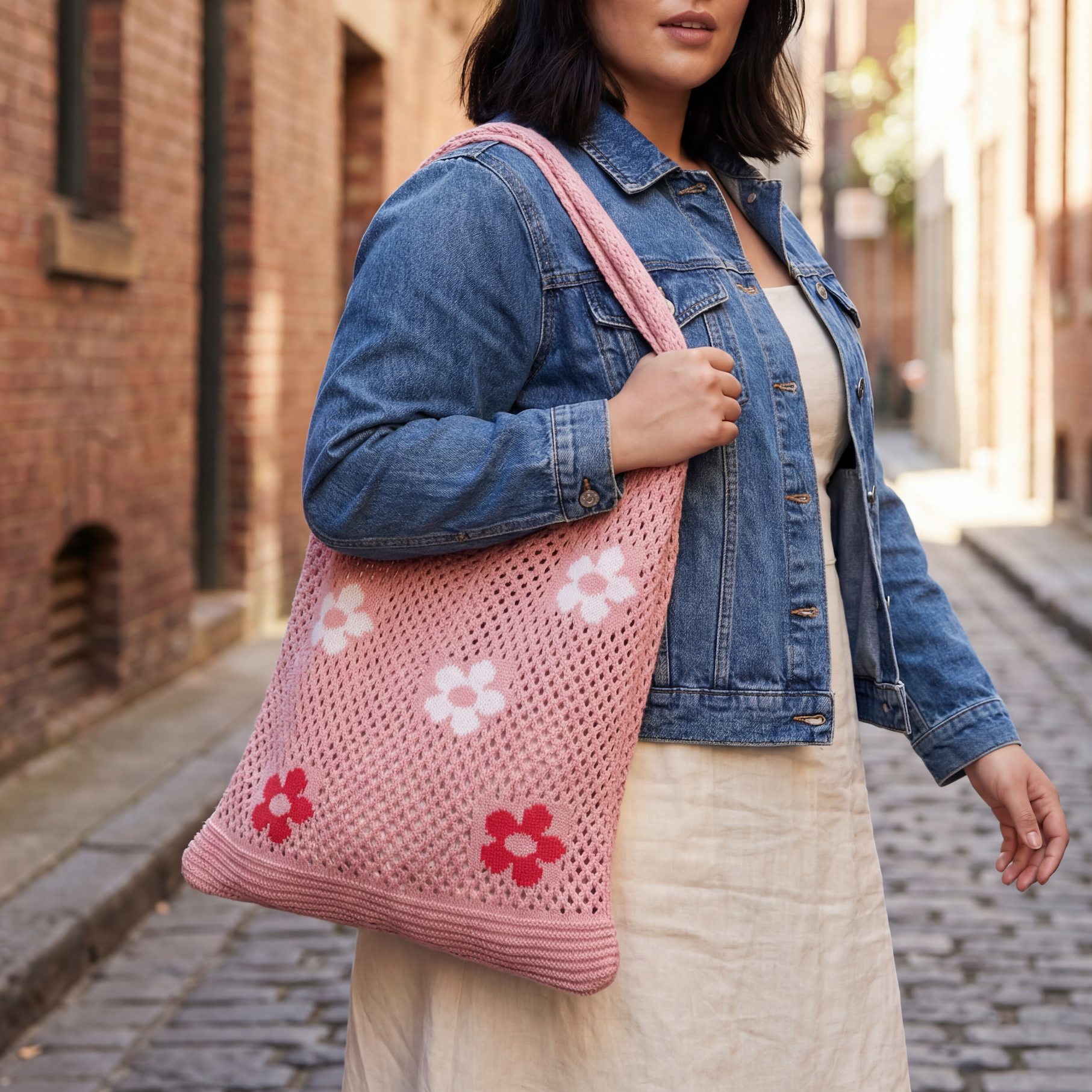 Hippie Boho Knitted Flower Tote | Floral Print Soft Shoulder Bag in Groovy Pink  DAME BOHEME