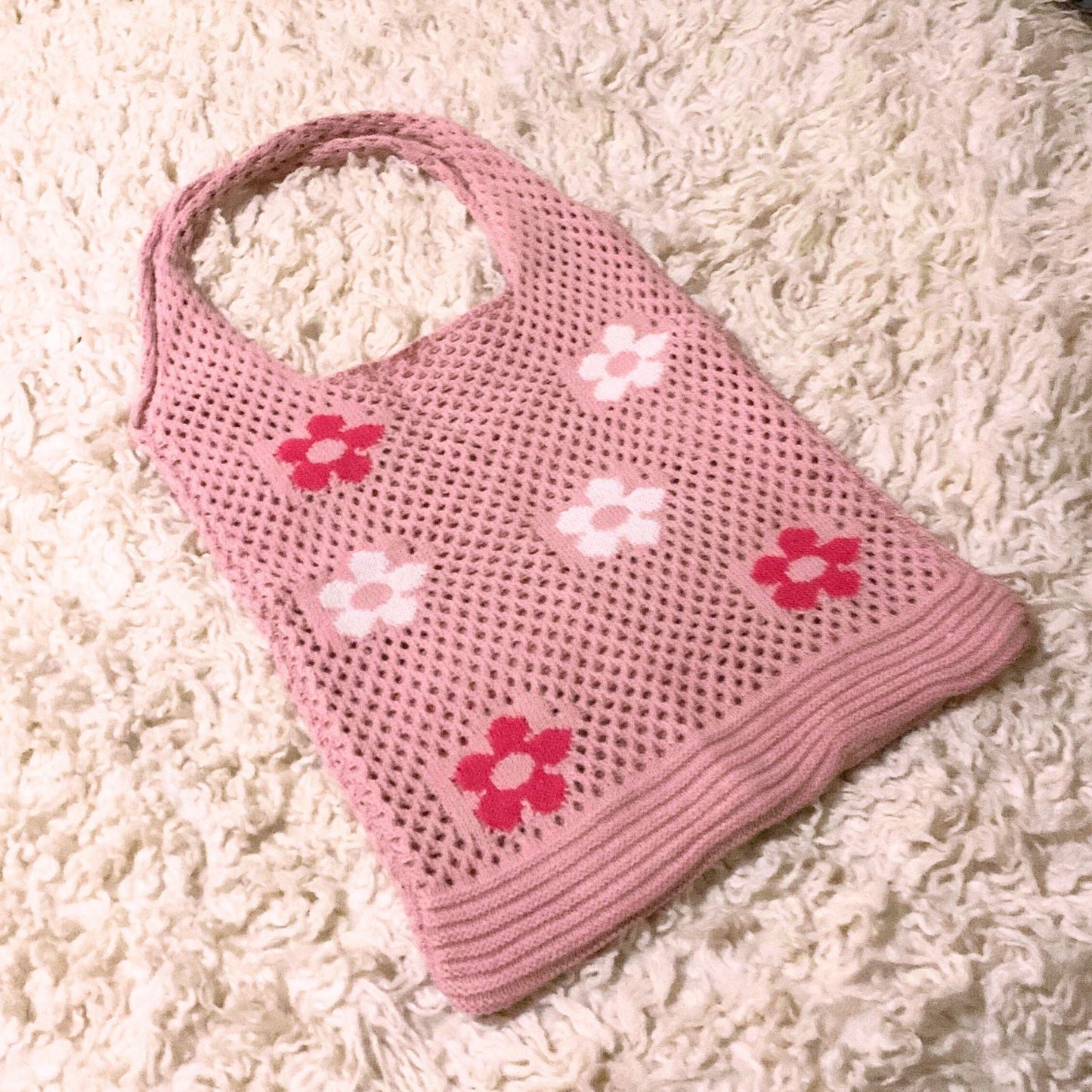 Hippie Boho Knitted Flower Tote | Floral Print Soft Shoulder Bag in Groovy Pink  DAME BOHEME