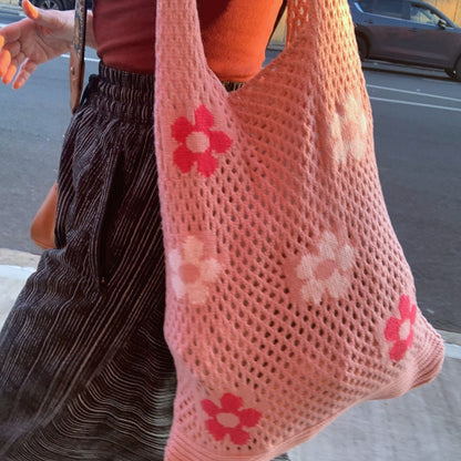 Hippie Boho Knitted Flower Tote | Floral Print Soft Shoulder Bag in Groovy Pink  DAME BOHEME