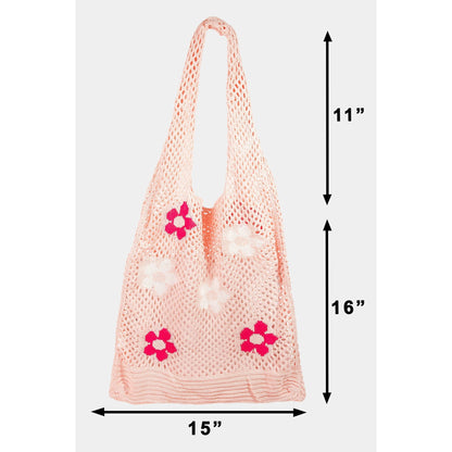 Hippie Boho Knitted Flower Tote | Floral Print Soft Shoulder Bag in Groovy Pink  DAME BOHEME