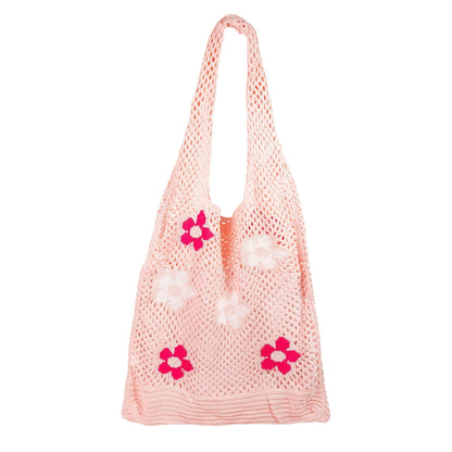 Hippie Boho Knitted Flower Tote | Floral Print Soft Shoulder Bag in Groovy Pink  DAME BOHEME