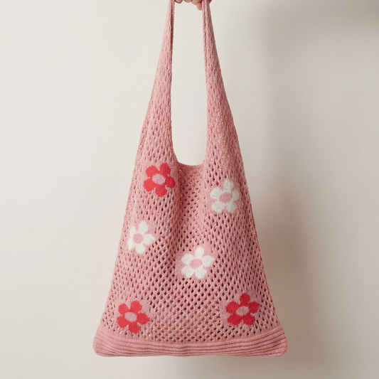 Hippie Boho Knitted Flower Tote | Floral Print Soft Shoulder Bag in Groovy Pink  DAME BOHEME