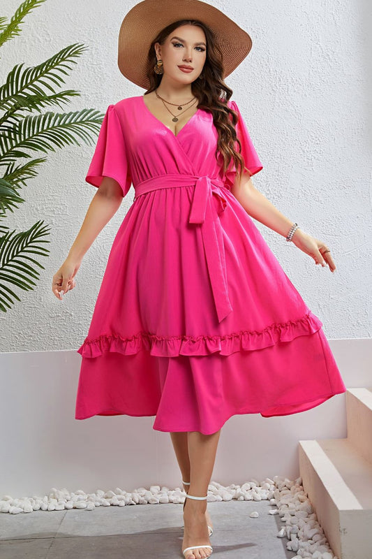 Honey Belted Frill Trim Flutter Sleeve Dress Plus Size Trendsi