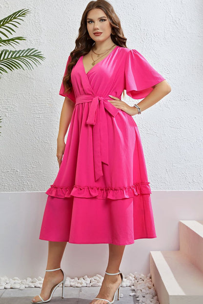 Honey Belted Frill Trim Flutter Sleeve Dress Plus Size Trendsi