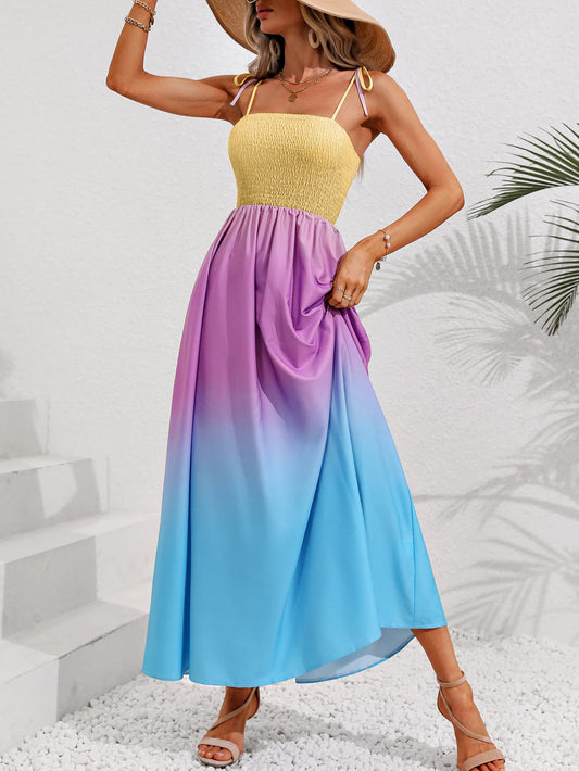 Honey Color Block Ombre Smocked Maxi Dress Trendsi