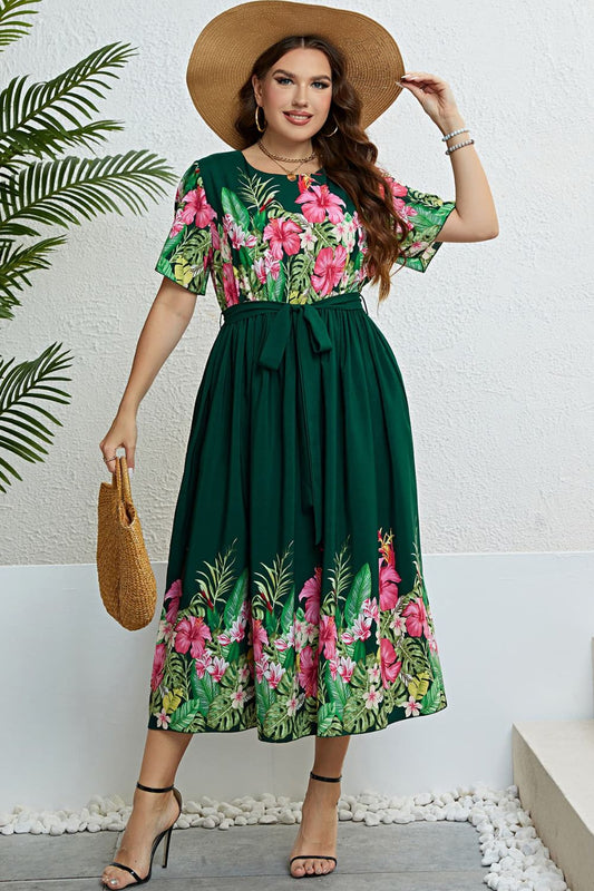 Honey Floral Tie-Waist Round Neck Dress Plus Size Trendsi