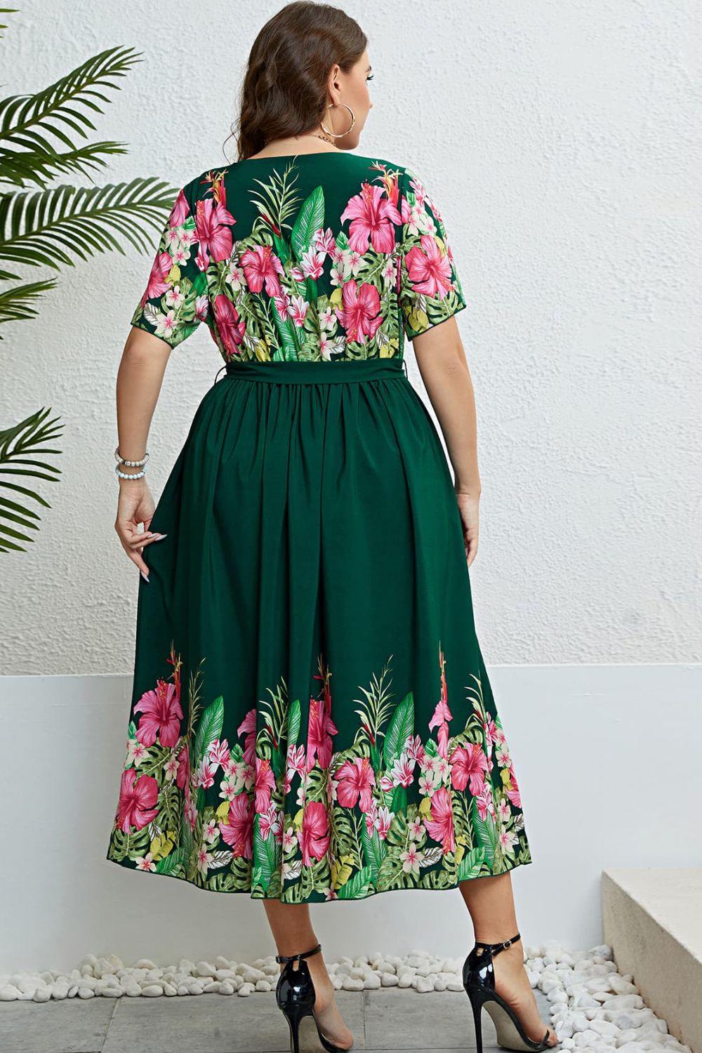Honey Floral Tie-Waist Round Neck Dress Plus Size Trendsi