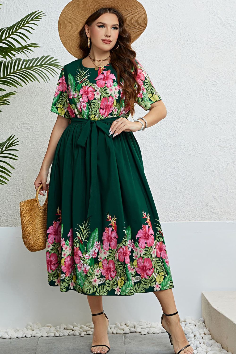 Honey Floral Tie-Waist Round Neck Dress Plus Size Trendsi