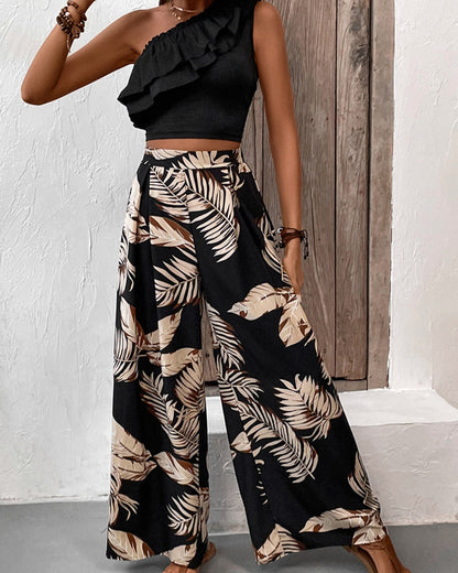 Honey Ruffled Sleeveless Top and Printed Pants Set Trendsi