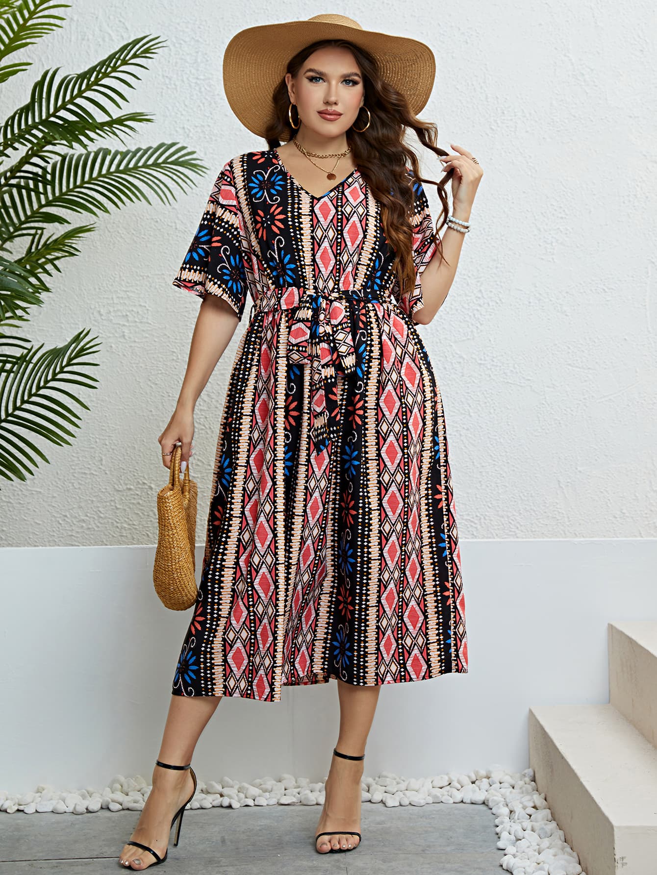 Honey Plus Size Bohemian V-Neck Tie Belt Midi Dress Trendsi