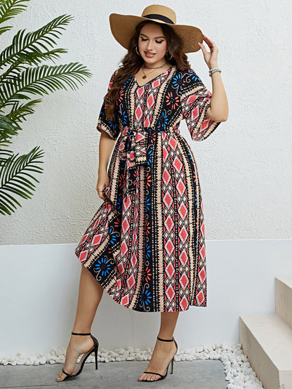 Honey Plus Size Bohemian V-Neck Tie Belt Midi Dress Trendsi