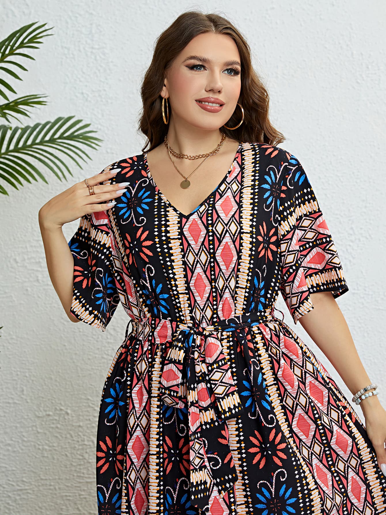 Honey Plus Size Bohemian V-Neck Tie Belt Midi Dress Trendsi
