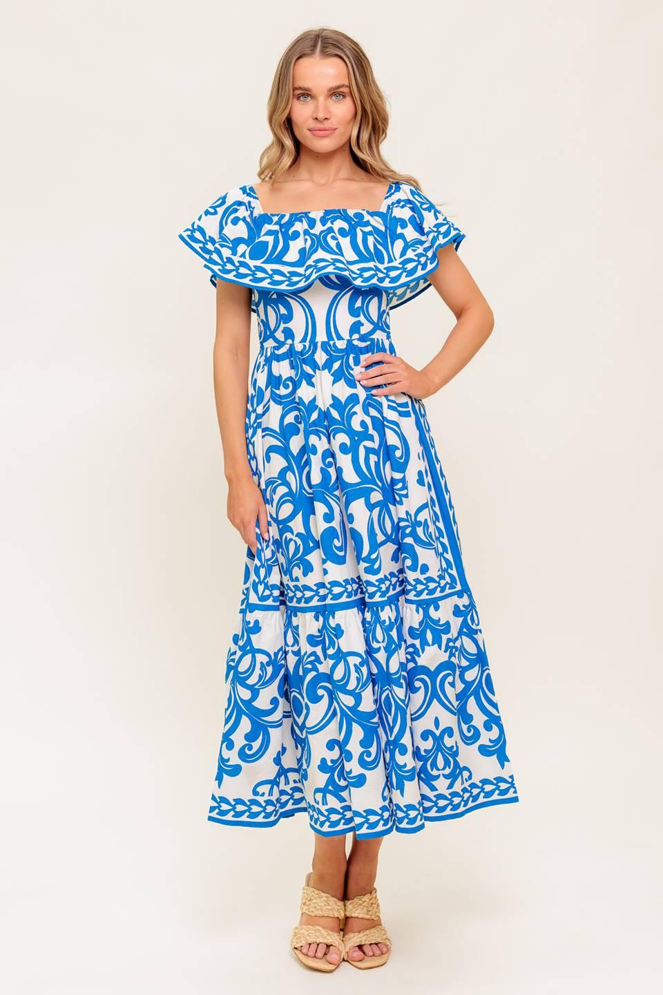 BLOOM SERENADE BLUE WOVEN MIDI DRESS  DAME BOHEME