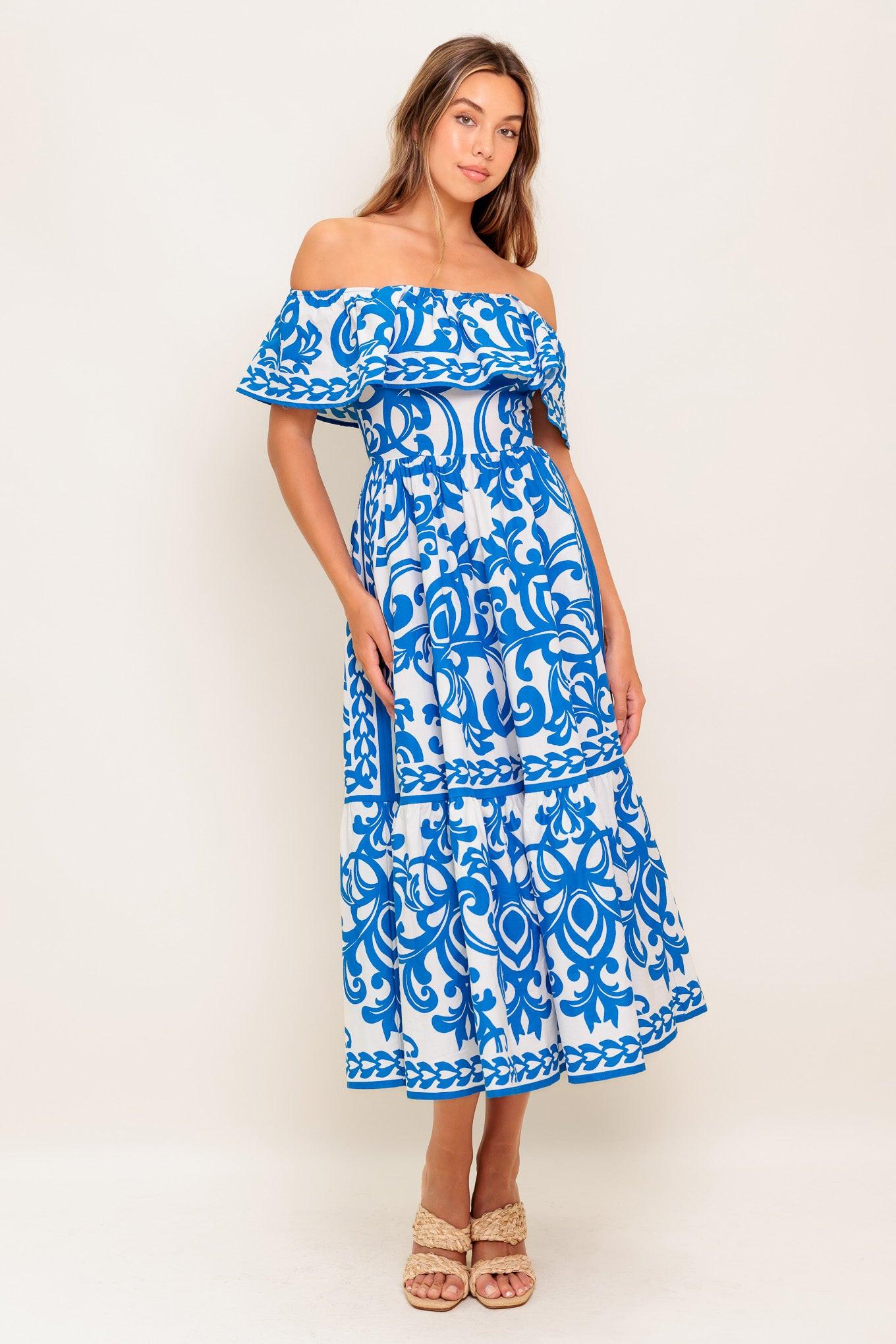 BLOOM SERENADE BLUE WOVEN MIDI DRESS  DAME BOHEME