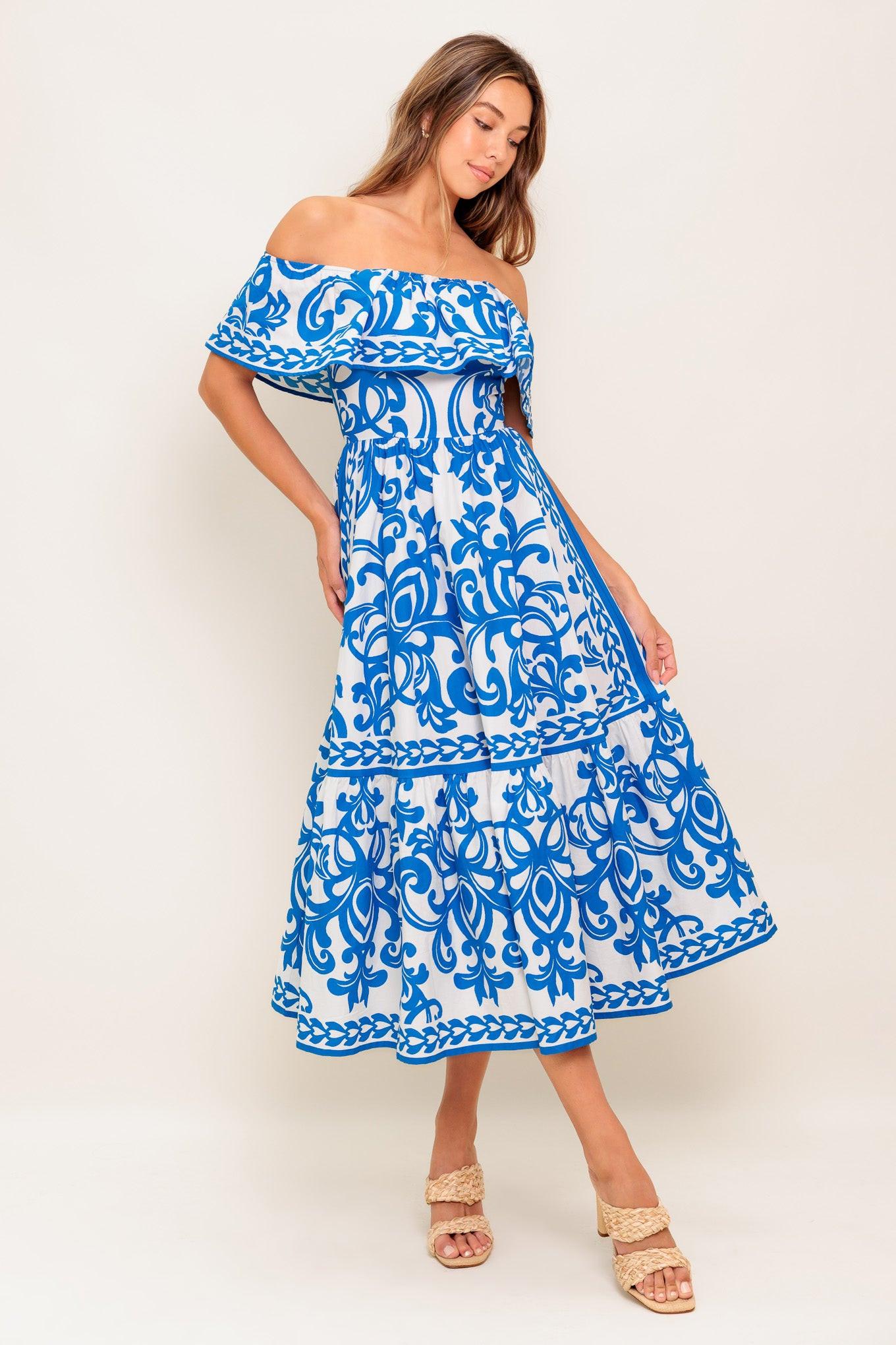 BLOOM SERENADE BLUE WOVEN MIDI DRESS  DAME BOHEME