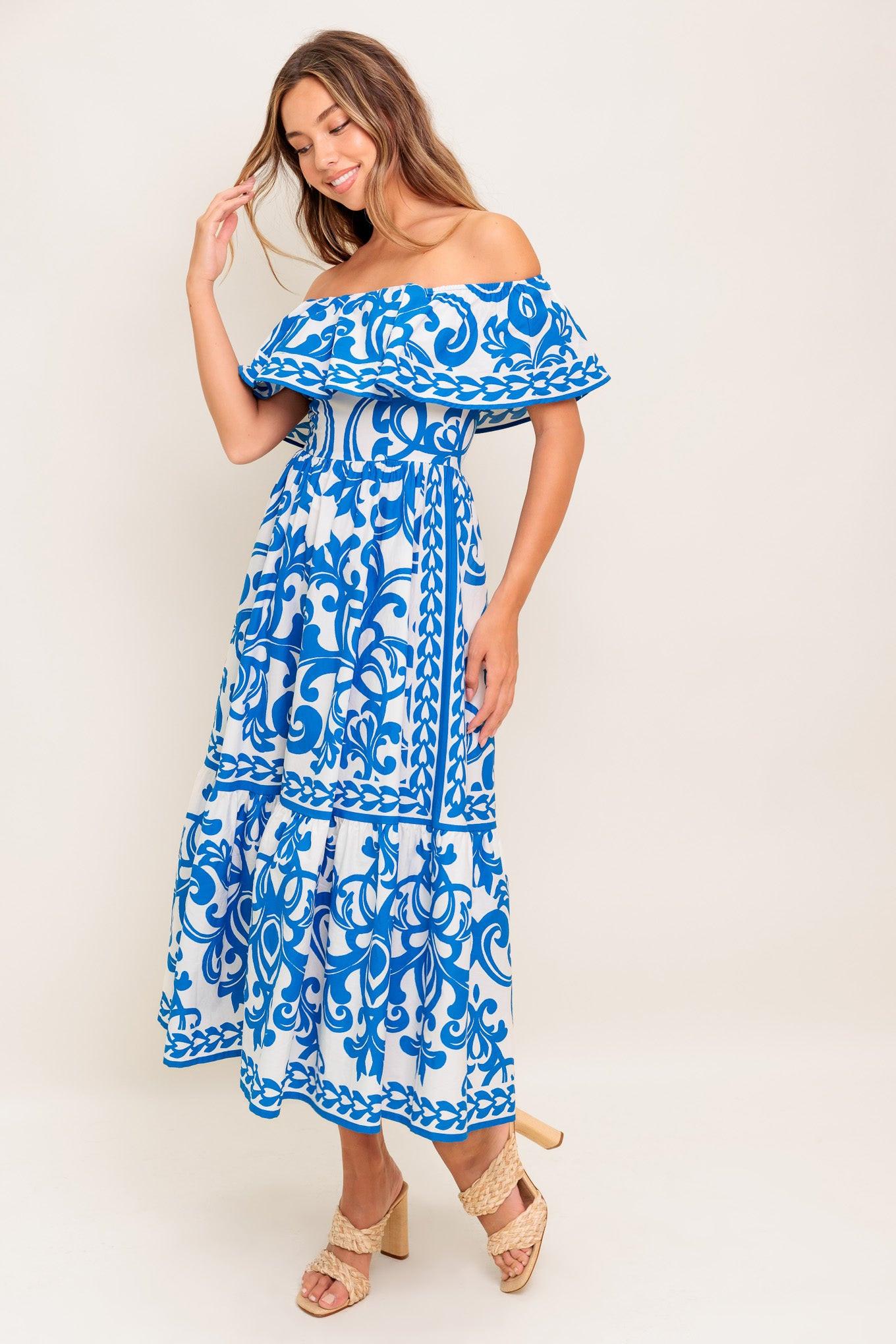 BLOOM SERENADE BLUE WOVEN MIDI DRESS  DAME BOHEME