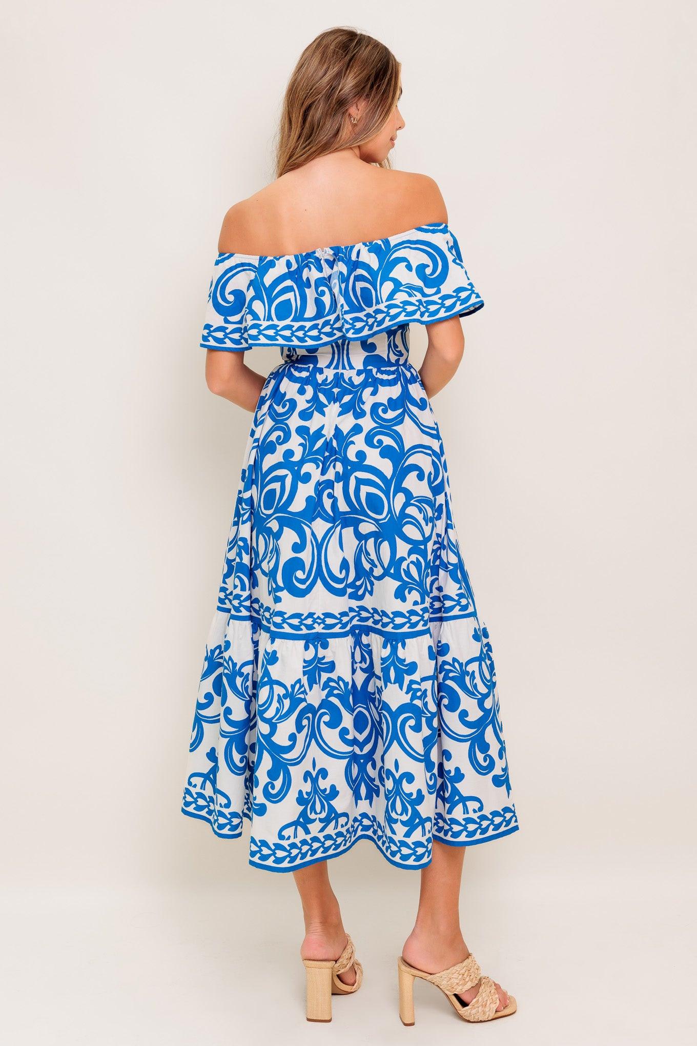 BLOOM SERENADE BLUE WOVEN MIDI DRESS  DAME BOHEME