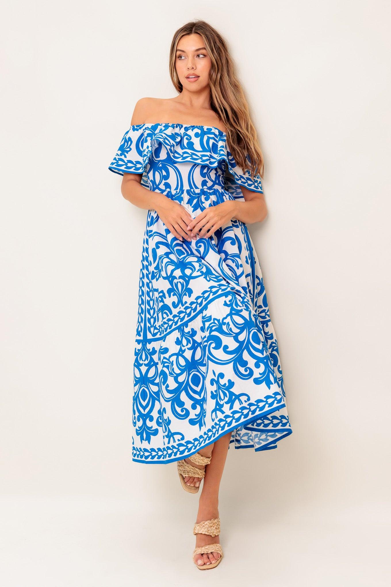 BLOOM SERENADE BLUE WOVEN MIDI DRESS  DAME BOHEME