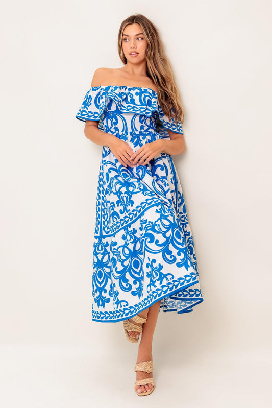 BLOOM SERENADE BLUE WOVEN MIDI DRESS  DAME BOHEME