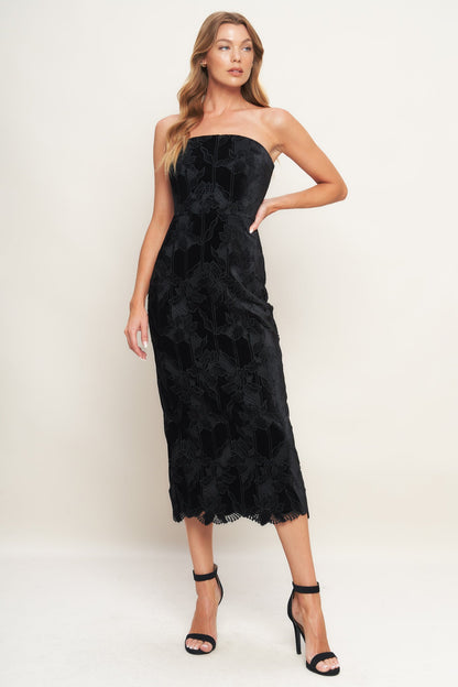 BLACK TEMPTATION WOVEN VELVET LACE MIDI DRESS  DAME BOHEME