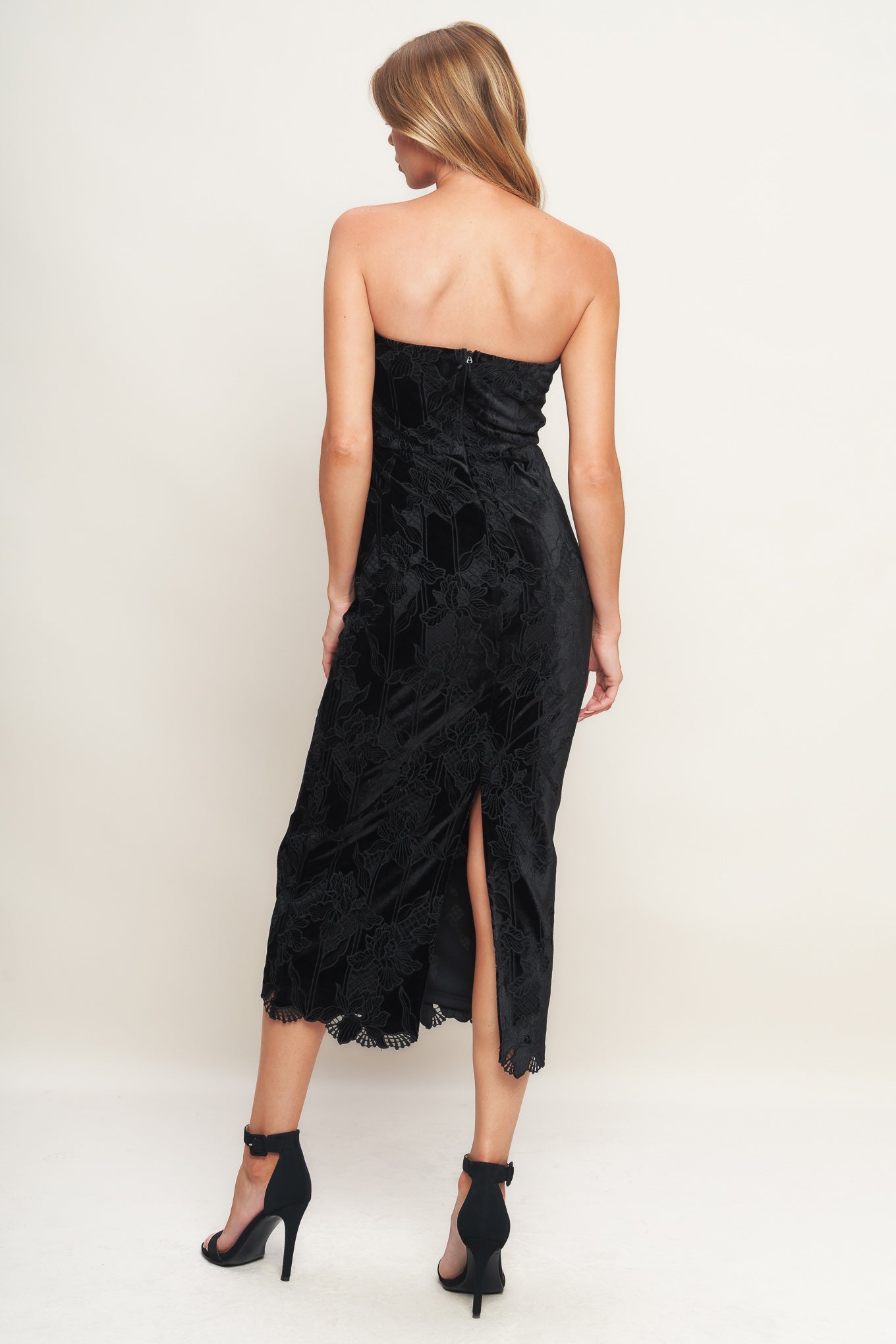 BLACK TEMPTATION WOVEN VELVET LACE MIDI DRESS  DAME BOHEME