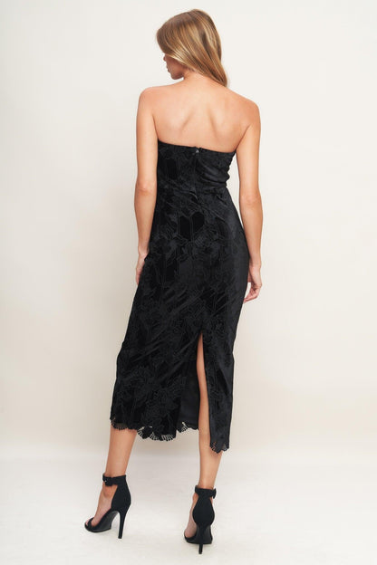 BLACK TEMPTATION WOVEN VELVET LACE MIDI DRESS  DAME BOHEME