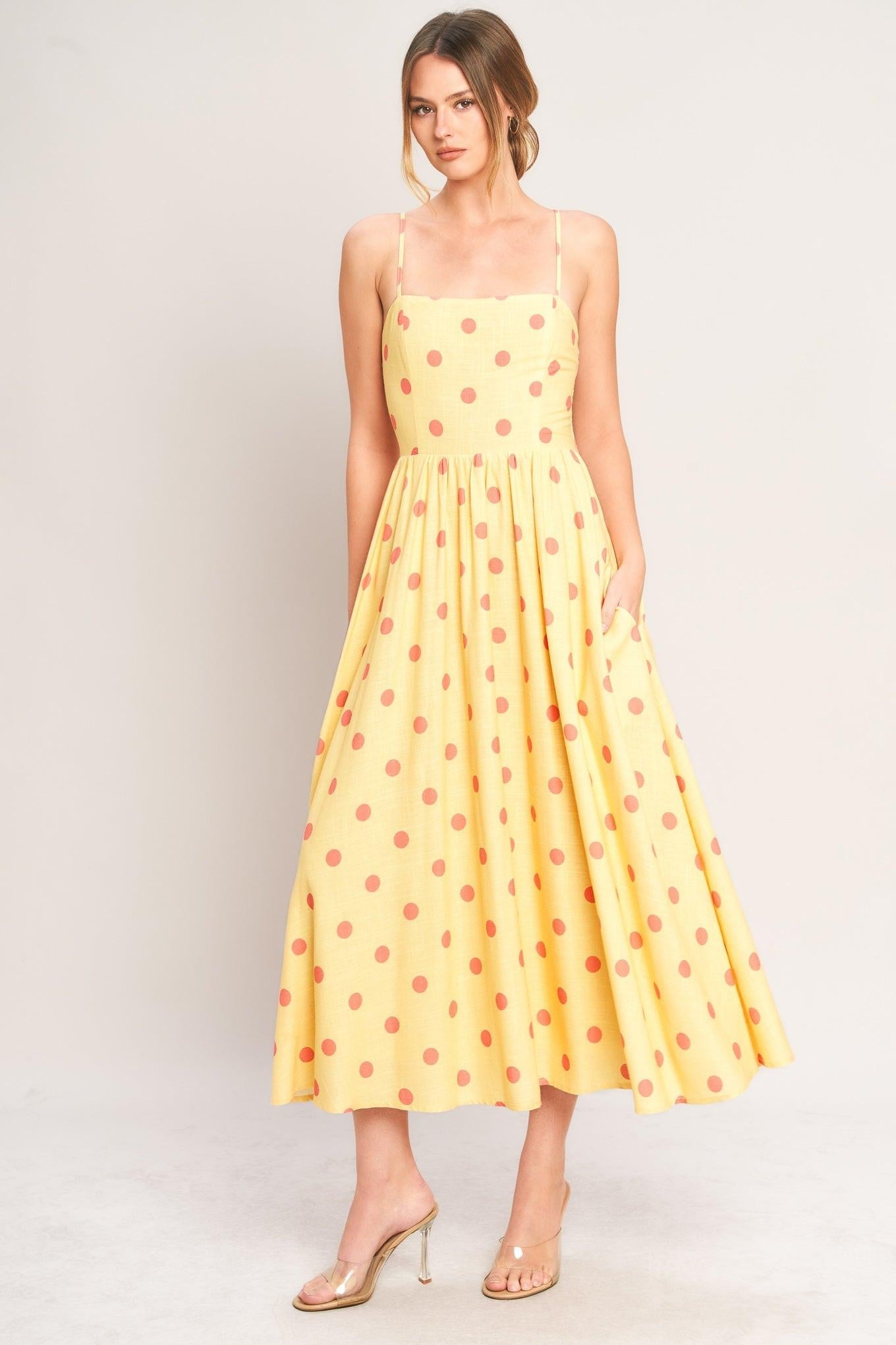 GOLDEN SUMMER POLKA WOVEN MIDI DRESS  DAME BOHEME