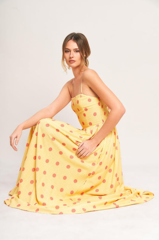 GOLDEN SUMMER POLKA WOVEN MIDI DRESS  DAME BOHEME